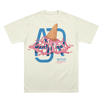 Cream t-shirt with melted ice cream cone graphic and AJR logo in blue text in the background