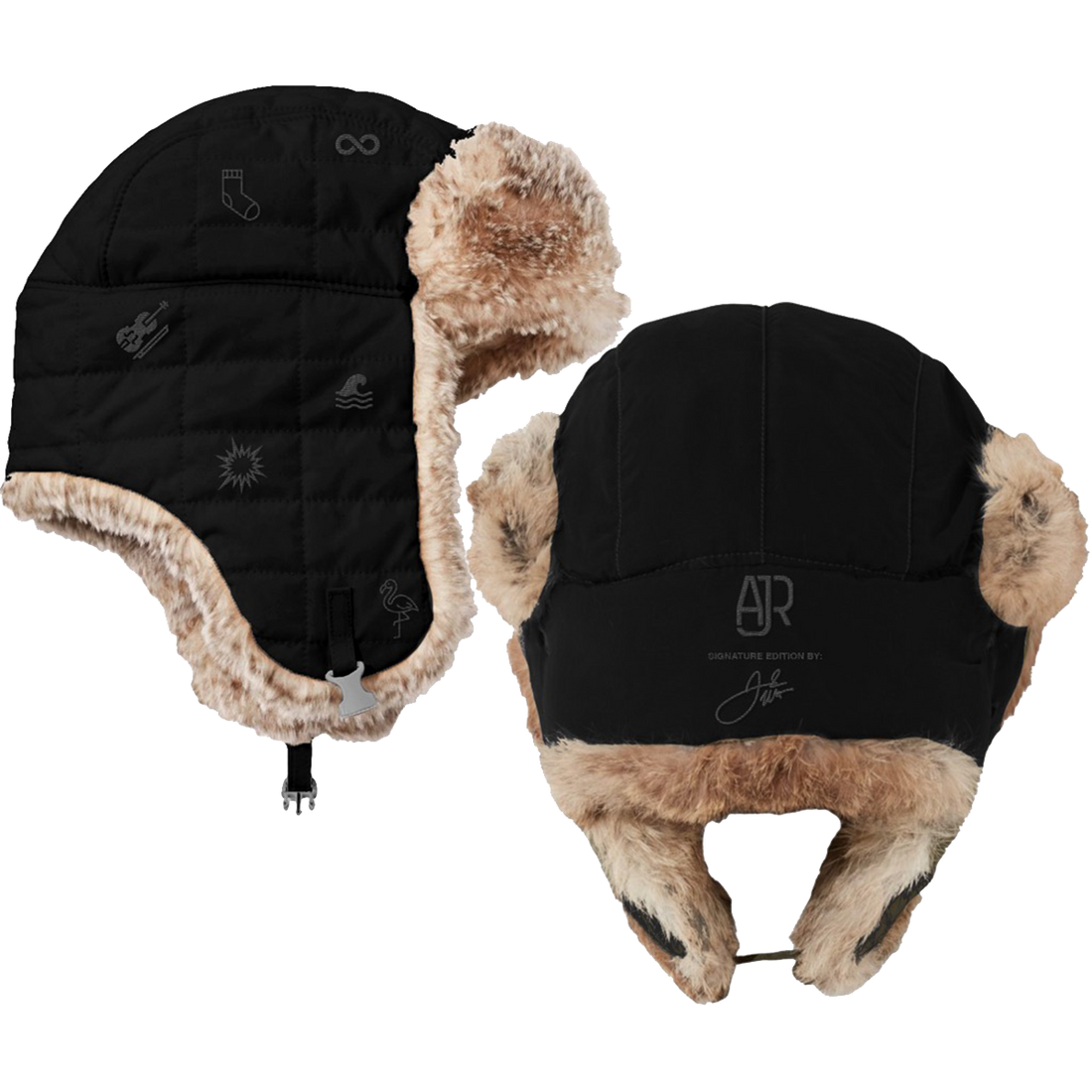 Black AJR trapper hat with a quilted outer shell and tonal icon graphics, featuring plush beige faux-fur lining, ear flaps, and a chin strap, with an embroidered AJR logo and signature detail on the back.
