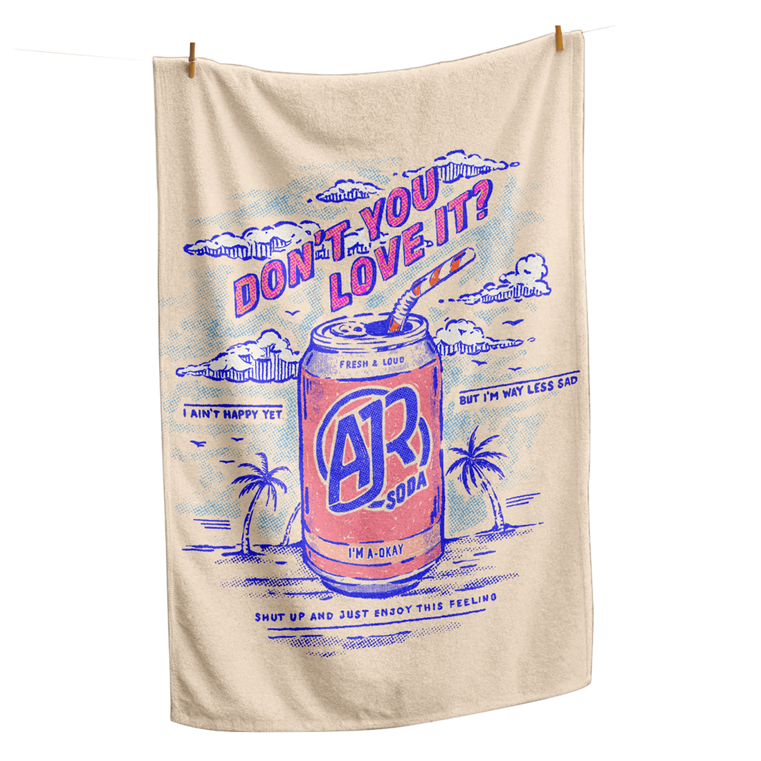 Beige beach towel with AJR Soda graphic and "Don&