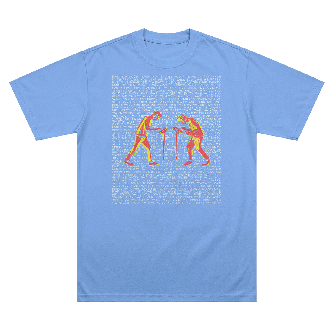 Light blue t-shirt with "The Big Goodbye" lyric text behind two graphic figures 