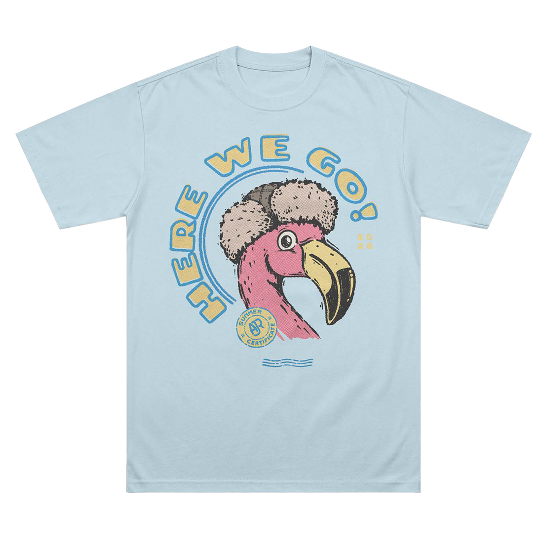 Light blue t-shirt with a cartoon flamingo design and &