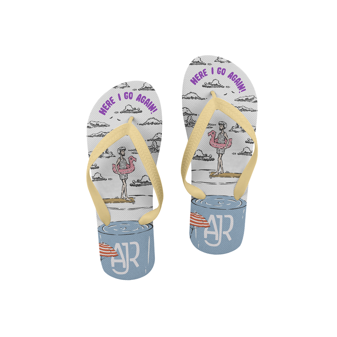 Pair of flip flops with "Here I Go Again" pink text, a flamingo graphic and AJR band logo