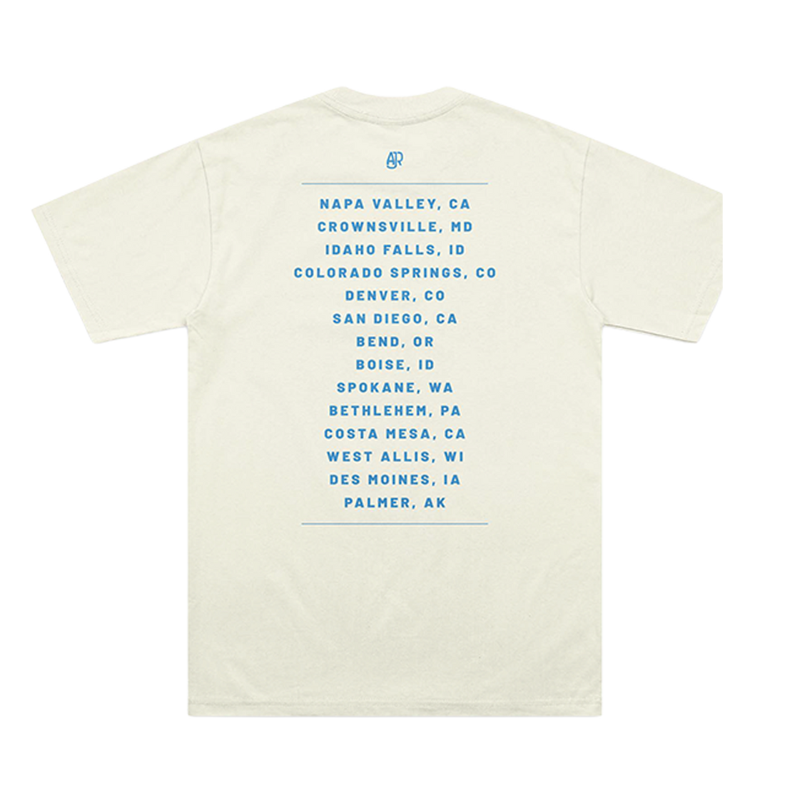Cream t-shirt with 2026 AJR summer tour dates 