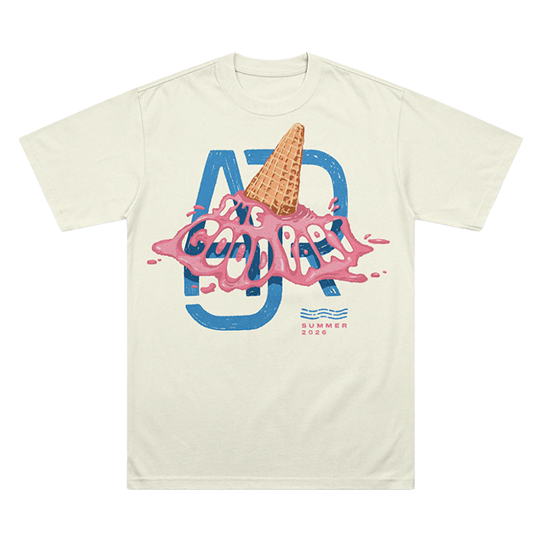 Cream t-shirt with melted ice cream cone graphic and AJR logo in blue text in the background