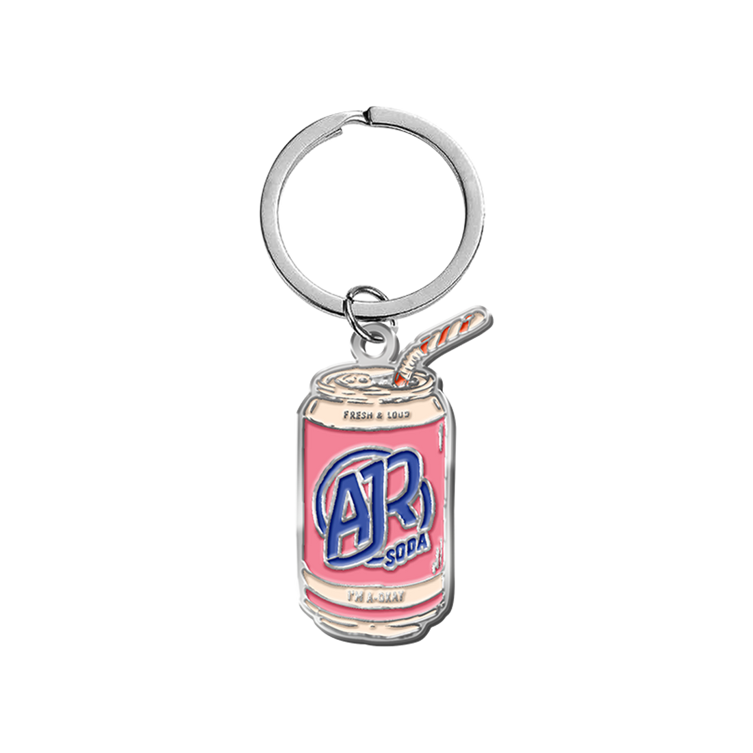 Keychain shaped like a pink soda can with AJR Soda in blue text 
