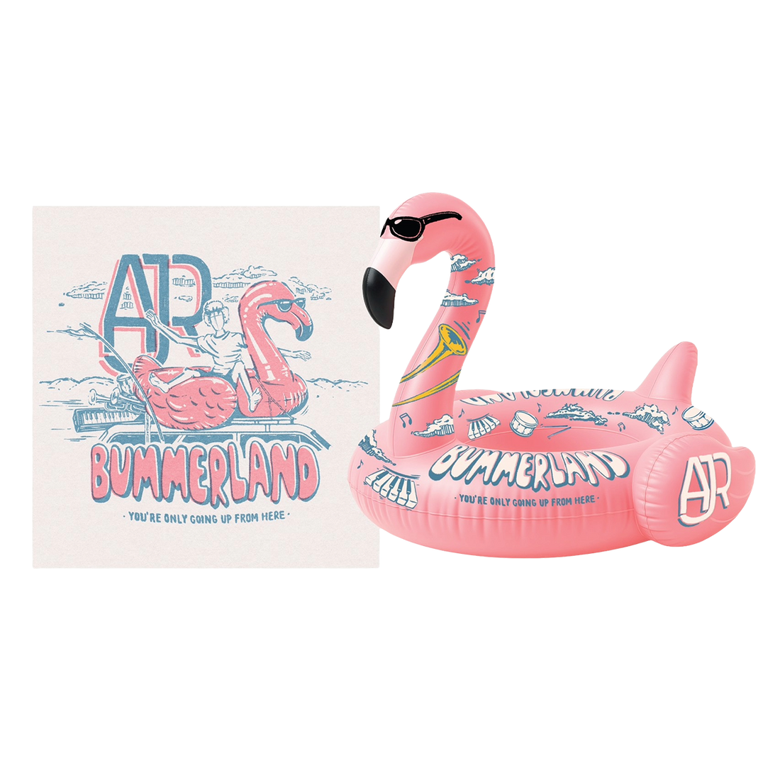 Pink flamingo inflatable pool float with AJR BUMMERLAND text and musical instruments graphics 