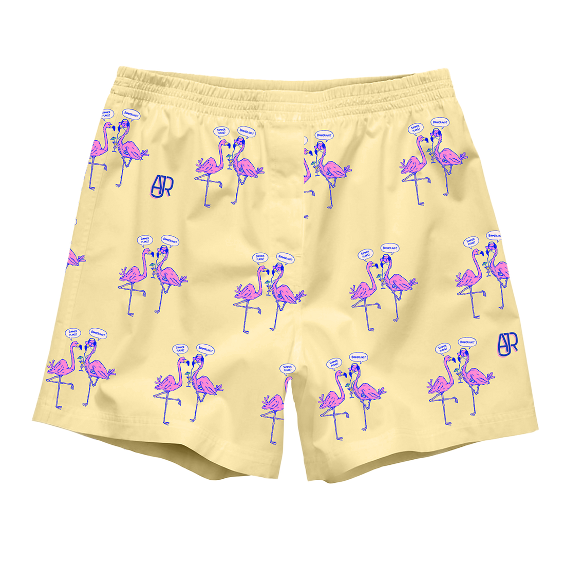 Yellow shorts with pink flamingo pattern and AJR logo