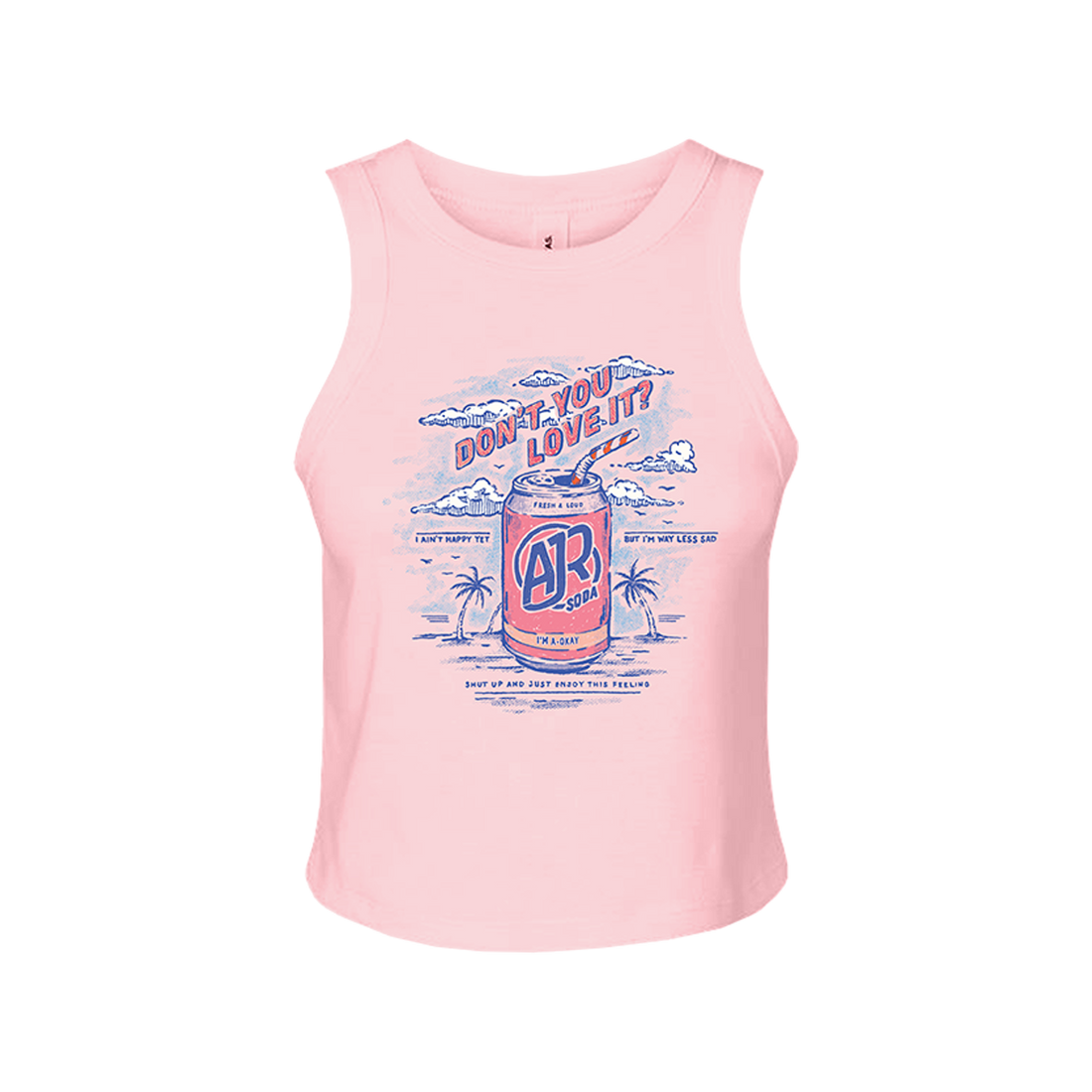 Pink tank top with AJR soda can graphic on a beach with "Don&