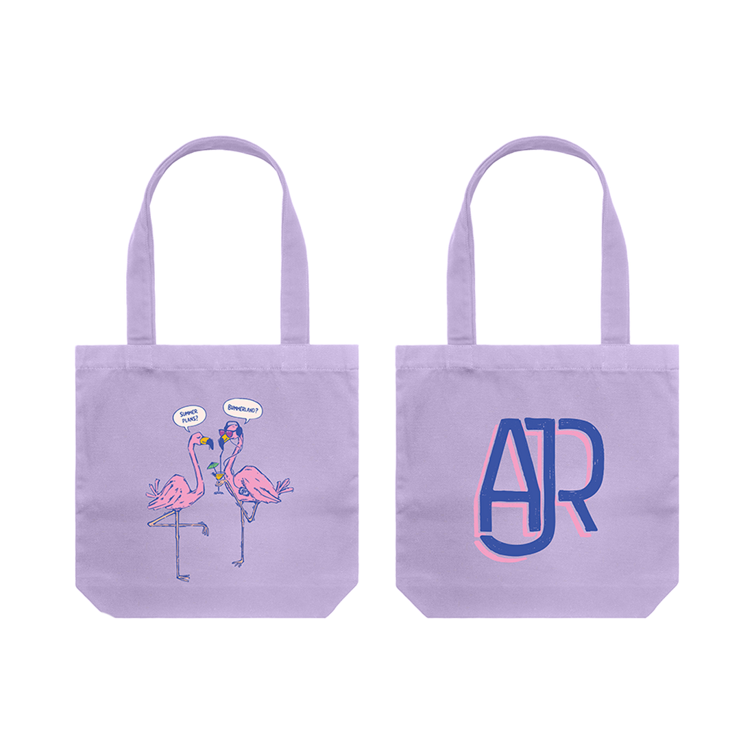 Purple tote bag with flamingo design on one side and and AJR logo in blue on the other side 