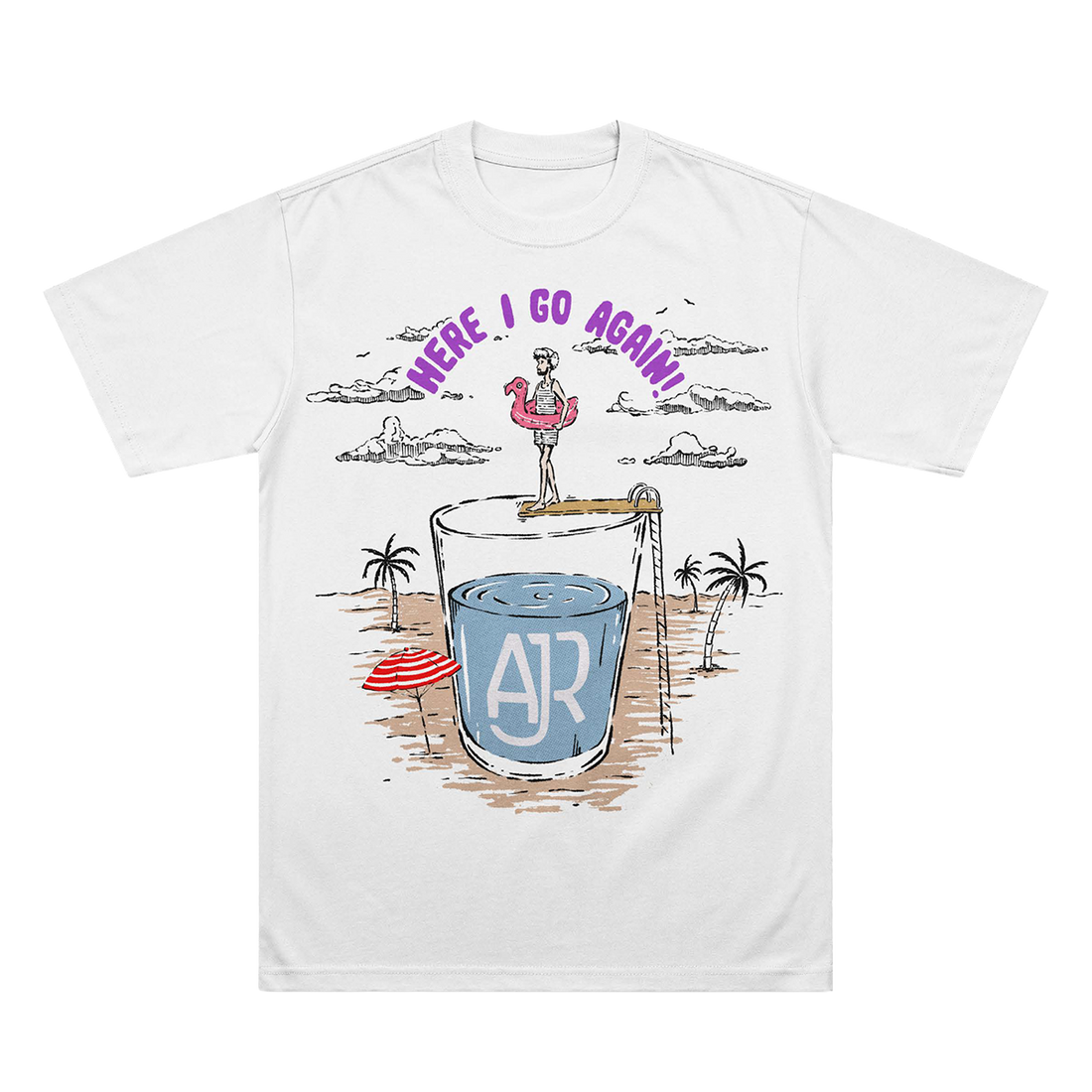 White t-shirt with a beach-themed graphic and &